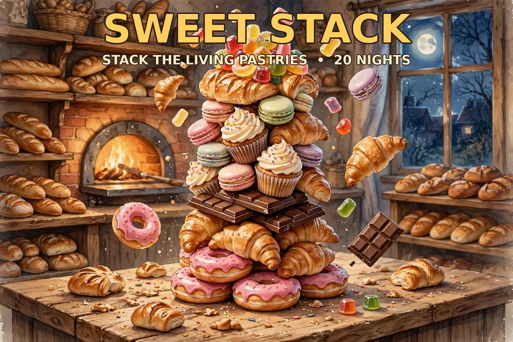 Sweet Stack — stack living pastries into a sky-high tower across 20 story nights, or fling them in the midnight playground